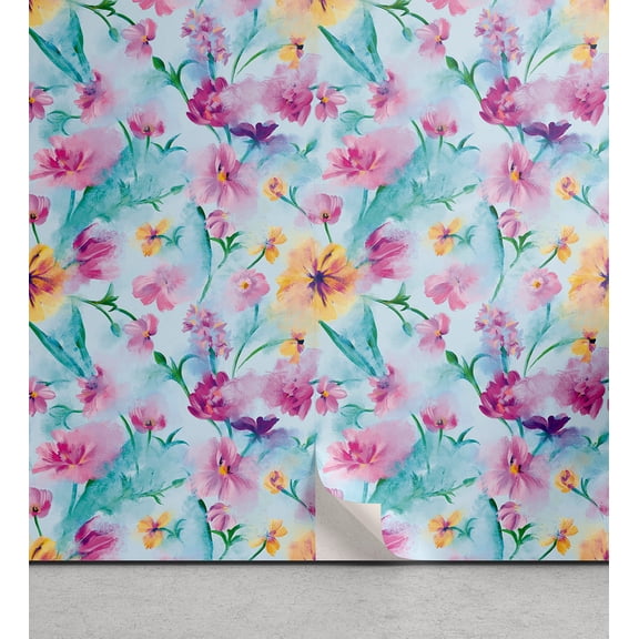 Ambesonne Floral Aquarelle Peel & Stick Wallpaper for Home, Blooms Cottagecore, 13"x36", Pale Blue Pink Mustard