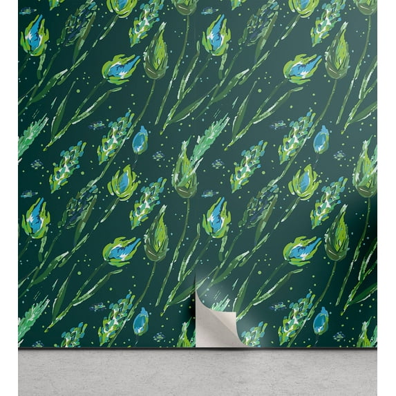 Ambesonne, Floral Aquarelle Peel & Stick Wallpaper for Home, Bohemian Jungle, 13"x72", Fern Green and Dark Teal