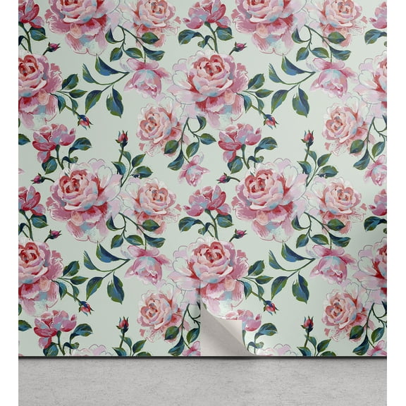 Ambesonne Floral Aquarelle Peel & Stick Wallpaper for Home, Spring Art Floral, 13"x100", Forest Green Pastel Pink