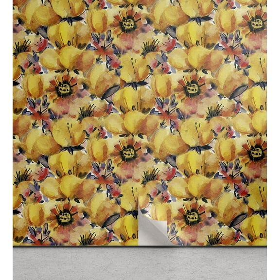Ambesonne Floral Aquarelle Peel & Stick Wallpaper for Home, Summer Abstract, 13"x36", Dark Yellow Coral Grey