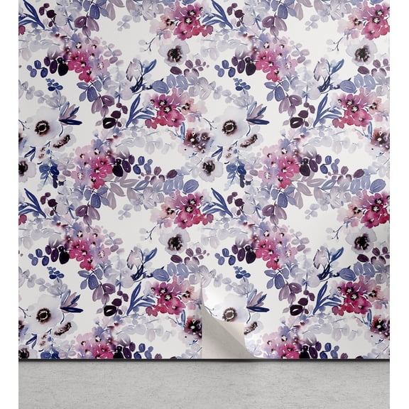 Ambesonne Floral Aquarelle Peel & Stick Wallpaper for Home, Winter Flowers Art, 13"x36", Dark Lavender Pale Ruby