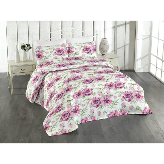 Ambesonne Floral Aquarelle Quilted Bedspread Set 3 Pcs, Art Vintage Peony, Queen, Pale Rose Peacock Green