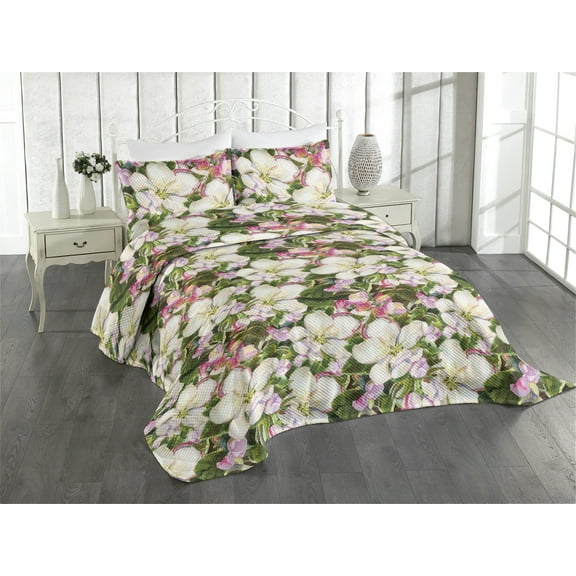 Ambesonne Floral Aquarelle Quilted Coverlet 3 Pcs, Romance Flowers, Queen Size, Forest Green Eggshell