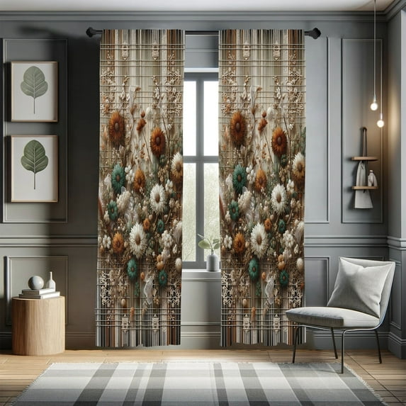 Ambesonne Floral Art Curtains 2 Panel Set, Gentle Fall Flowers Leaf, Pair of - 28" x 84", Cinnamon Cadet Blue Ecru