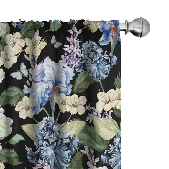 Ambesonne Floral Art Curtains, Night's Bouquet Ornament, Pair of 28"x95", Black Green and Violet Blue