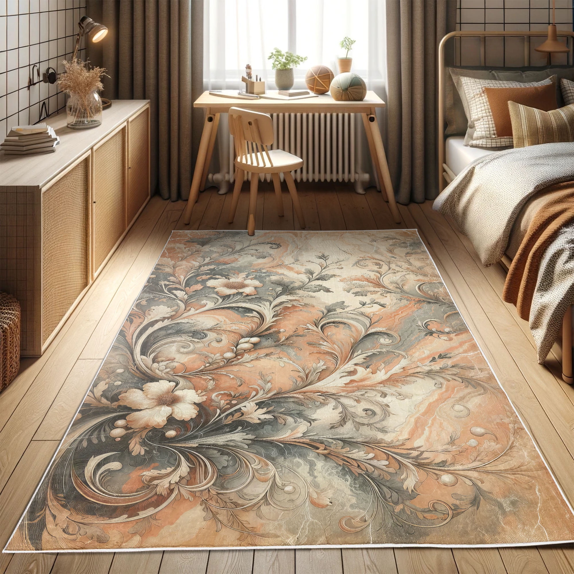 Salmon Blue Grey Floral Synthetic Area Rug 2' 5" x 5'