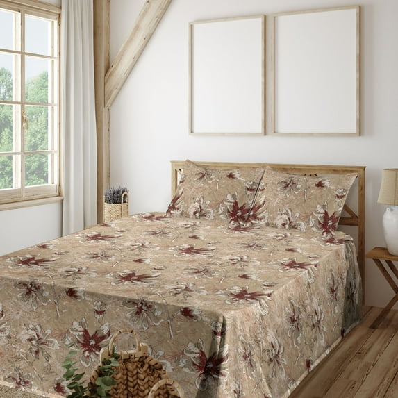 Ambesonne Floral Art Fitted & Flat Sheet with Sham 3 Pcs Set, Flowers Romantic Details, Twin, Pale Brown Dark Brown Tan