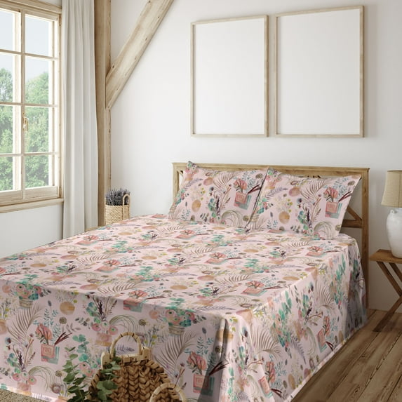Ambesonne Floral Art Fitted & Flat Sheet with Shams 4 Pcs Set, Flower Bouquet Blooms, Calking, Sand Brown and Pale Teal