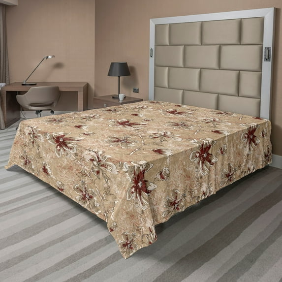Ambesonne Floral Art Flat Bedding Sheet Soft Top Sheet, Flowers Romantic Details, California King, Pale Brown Dark Brown Tan