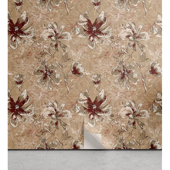 Ambesonne Floral Art Peel & Stick Wallpaper for Home, Flowers Romantic Details, 13"x72", Pale Brown Dark Brown Tan