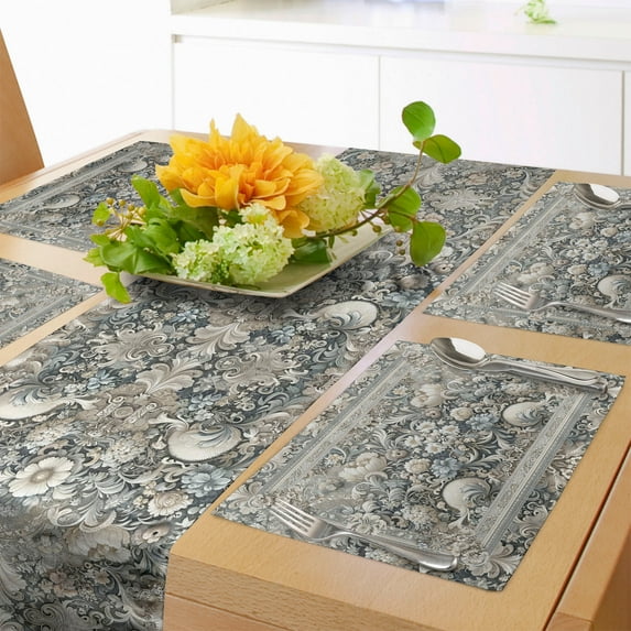 Ambesonne Floral Art Table Runner & Placemats, Blooming Scenery Baroque, Placemat 4 pcs + Runner 16"x90", Dark Sea Green Pale Blue