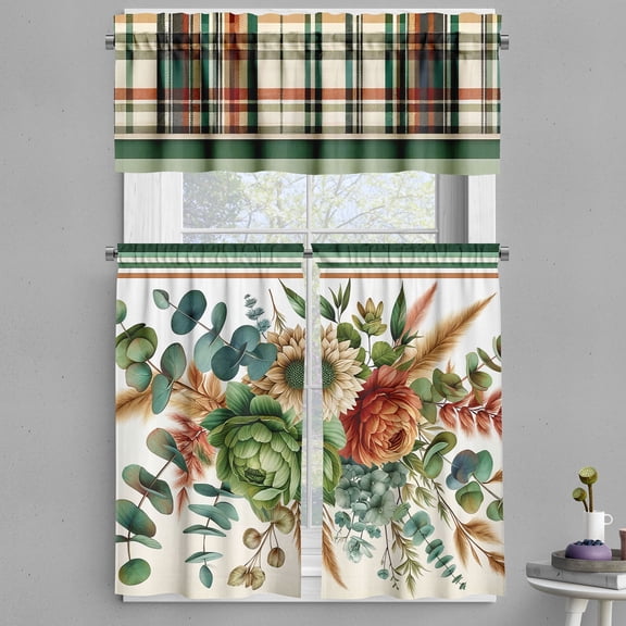 Ambesonne Floral Art Valance & Curtain 3 Pcs Set, Peony Eucalyptus Tartan, 55"x45", Laurel Green Multicolor