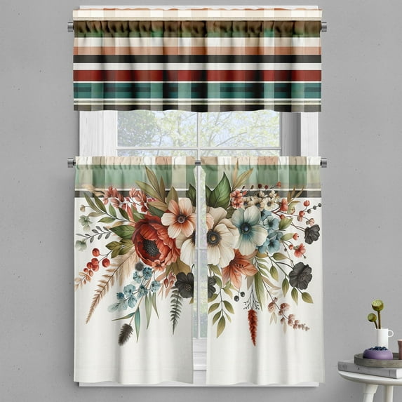 Ambesonne Floral Art Valance & Curtain 3 Pcs Set, Tender Flower Huddle Art, 55"x36", Ruby Eggshell Multicolor