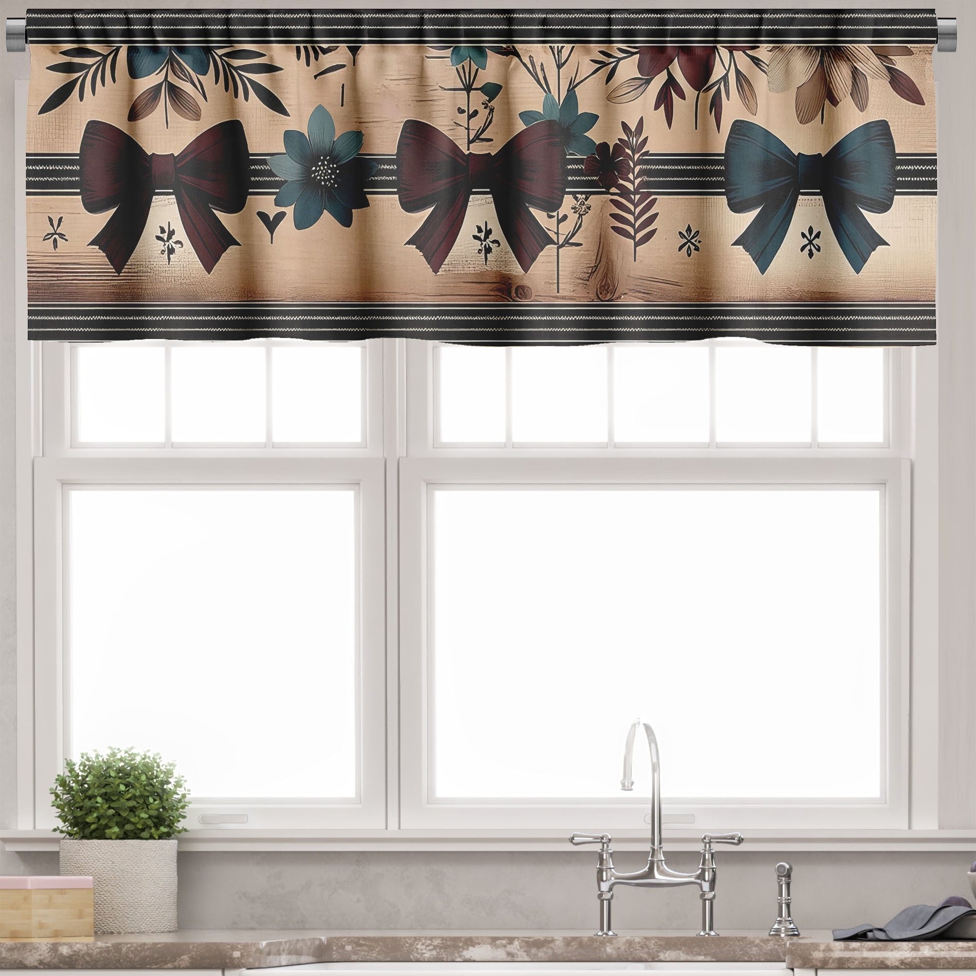 Camel Dark Teal Eggplant Floral Satin Rod Pocket Valance
