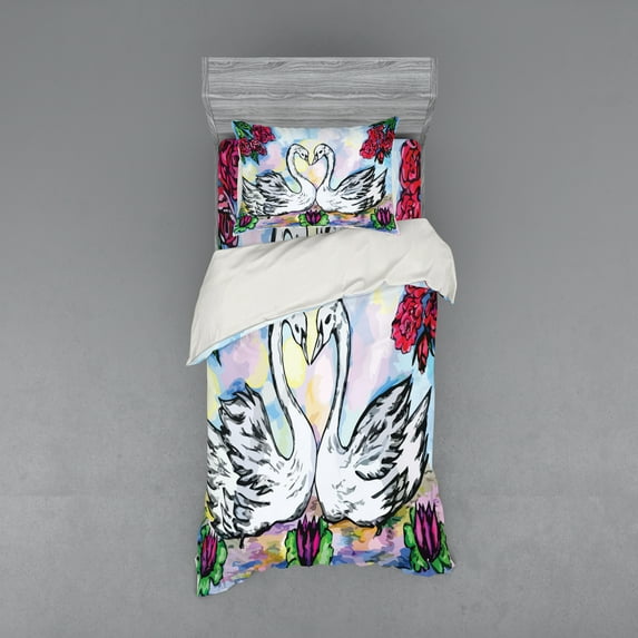 Ambesonne Floral Bedding Set 3 Pcs, 2 White Swans in Lake, Twin, Multicolor