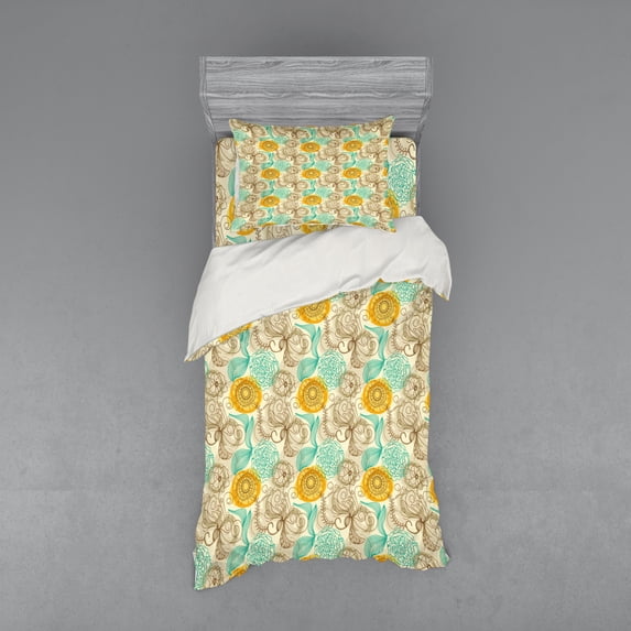 Ambesonne Floral Bedding Set 3 Pcs, Abstract Carnations Art, Twin, Tan Turquoise Marigold