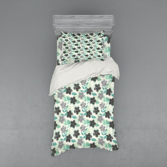Ambesonne Floral Bedding Set 3 Pcs, Abstract Nostalgic Retro, Twin XL, Charcoal Grey Mint Green