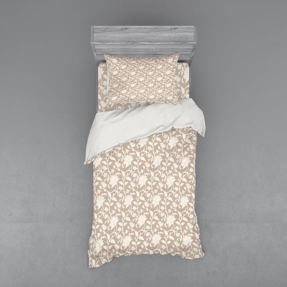 Ambesonne Floral Bedding Set 3 Pcs, Abstract Pattern Leaves, Twin XL, Tan Cream
