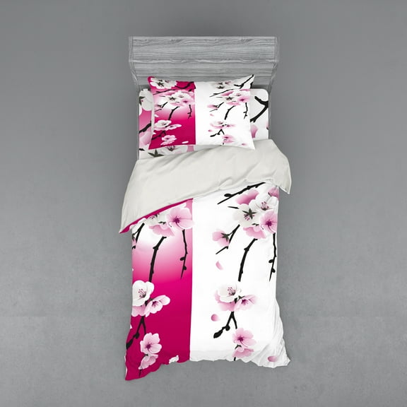 Ambesonne Floral Bedding Set 3 Pcs, Apricot Flowers Blooms, Twin, Pink Black White