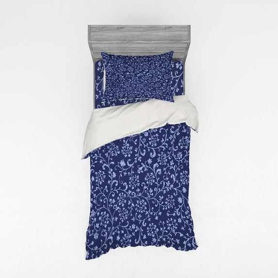 Ambesonne Floral Bedding Set 3 Pcs, Baroque Classic Damask, Twin XL, Indigo Violet Blue