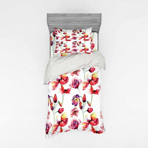 Ambesonne Floral Bedding Set 3 Pcs, Blooming Tulip Poppy, Twin, Red White