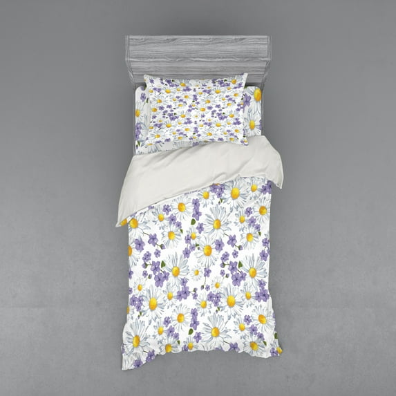 Ambesonne Floral Bedding Set 3 Pcs, Blossoming Wild Flowers, Twin XL, White Yellow Purple