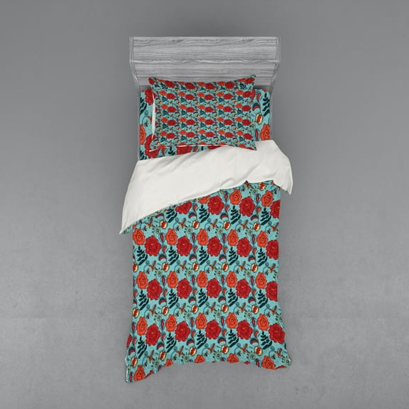 Ambesonne Floral Bedding Set 3 Pcs, Bohemian Flowers Folkloric, Twin, Vermilion and Pale Blue