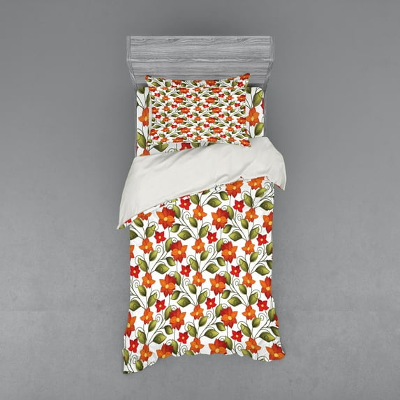 Ambesonne Floral Bedding Set 3 Pcs, Boho Herbs Lily Nature, Twin XL, Olive Green Orange White