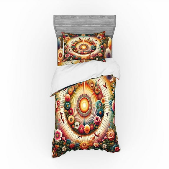 Ambesonne Floral Bedding Set 3 Pcs, Botanical Colorful Circle, TwinXL, Orange Evergreen Pink