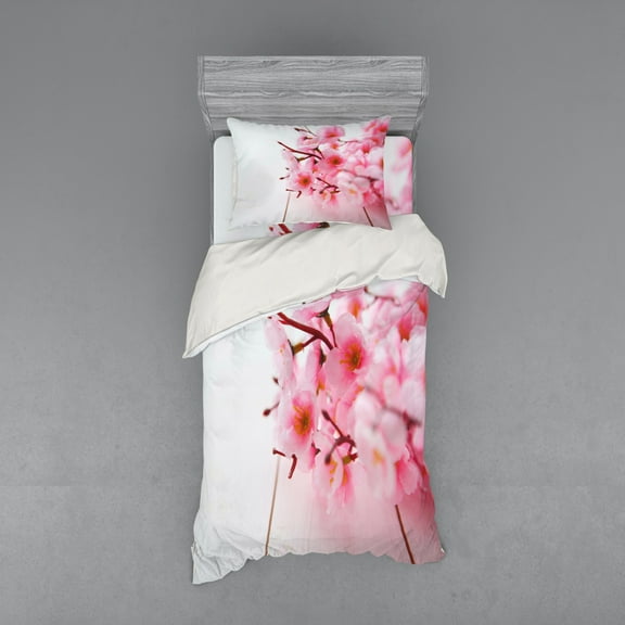 Ambesonne Floral Bedding Set 3 Pcs, Cherry Blossom Petals, Twin XL, Pale Pink White