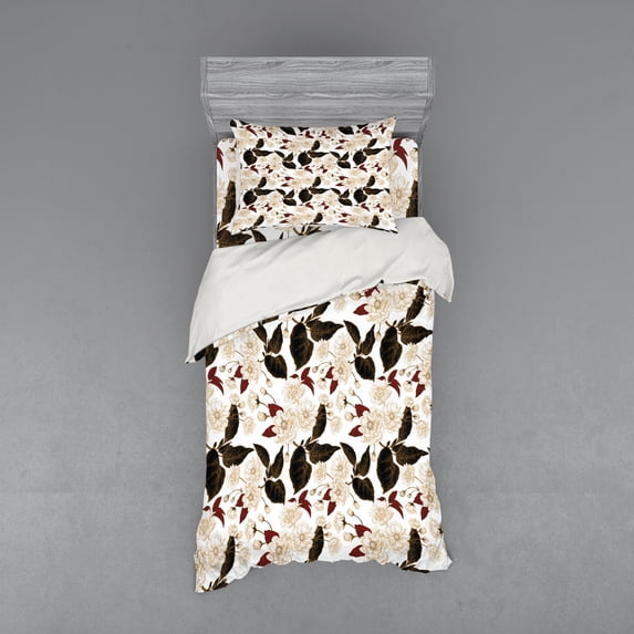 Ambesonne Floral Bedding Set 3 Pcs, Chinese Plum Pattern, Twin, Dark Brown Burgundy