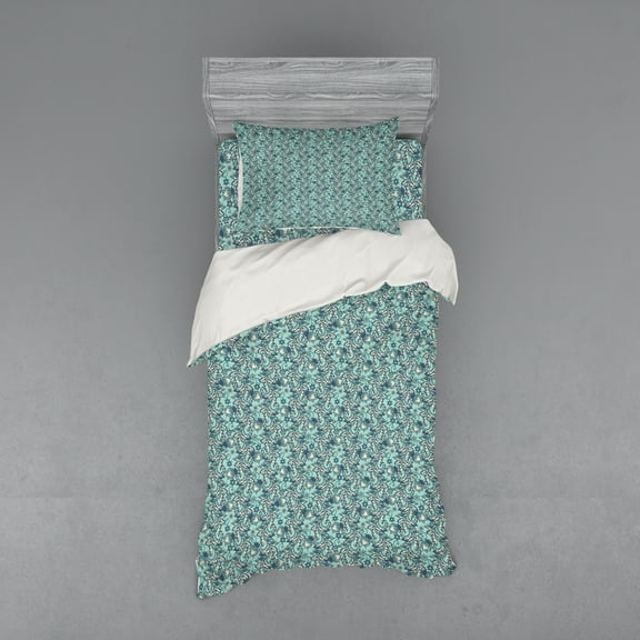 Ambesonne Floral Bedding Set 3 Pcs, Classic Oriental Blooms Art, Twin, Pale Blue and Champagne