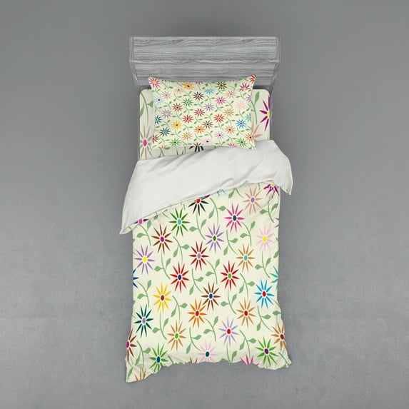 Ambesonne Floral Bedding Set 3 Pcs, Colorful Graphic Garden, Twin, Multicolor