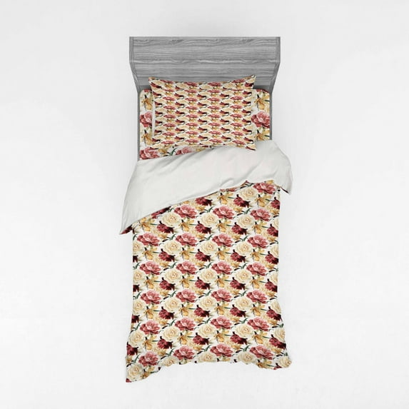 Ambesonne Floral Bedding Set 3 Pcs, Country Bouquet Blossom, Twin XL, Maroon Beige Ivory