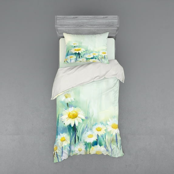 Ambesonne Floral Bedding Set 3 Pcs, Daisy Flower Field Art, Twin XL, Pale Blue White