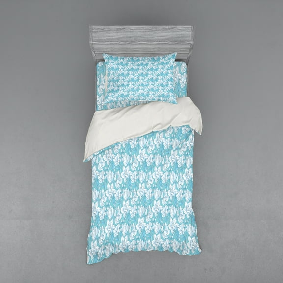 Ambesonne Floral Bedding Set 3 Pcs, Delicate Flowers and Buds, Twin XL, Pale Teal Pale Sky Blue