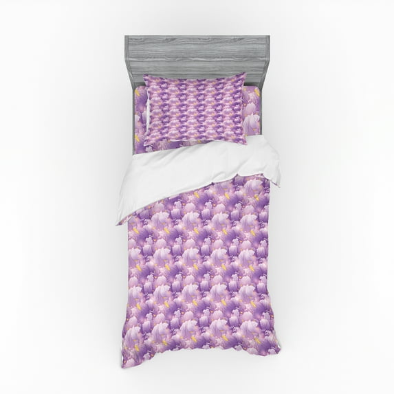 Ambesonne Floral Bedding Set 3 Pcs, Effect Iris Flowers, Twin, Lavender Mustard