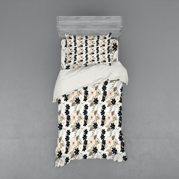 Ambesonne Floral Bedding Set 3 Pcs, Exotic Tropical Petals, Twin, Tan Ivory Seal Brown
