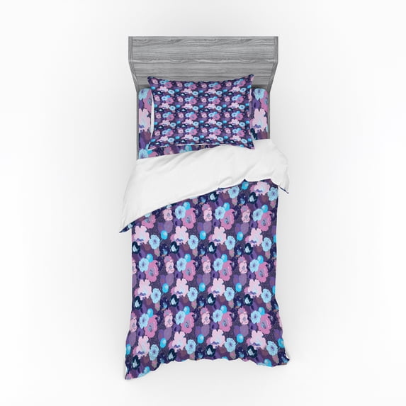 Ambesonne Floral Bedding Set 3 Pcs, Fantasy Peony Hibiscus, Twin XL, Multicolor