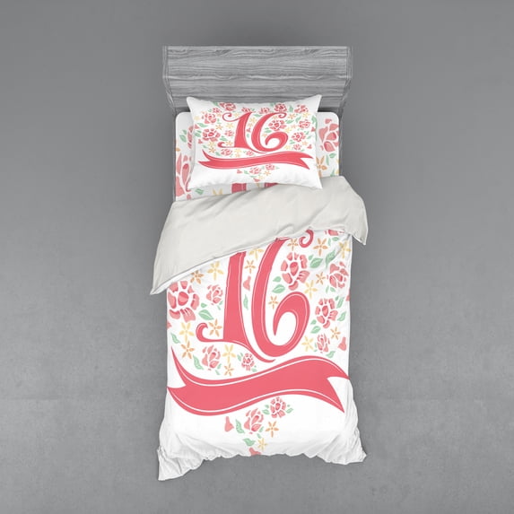 Ambesonne Floral Bedding Set 3 Pcs, Floral 16, Twin XL, Dark Coral Mint