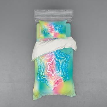 Ambesonne Floral Bedding Set 3 Pcs, Flower Mandala Rainbow, Twin XL, Blue Pink