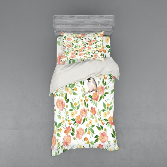 Ambesonne Floral Bedding Set 3 Pcs, Flower Petals Blossoms, Twin XL, Coral Fern Green White