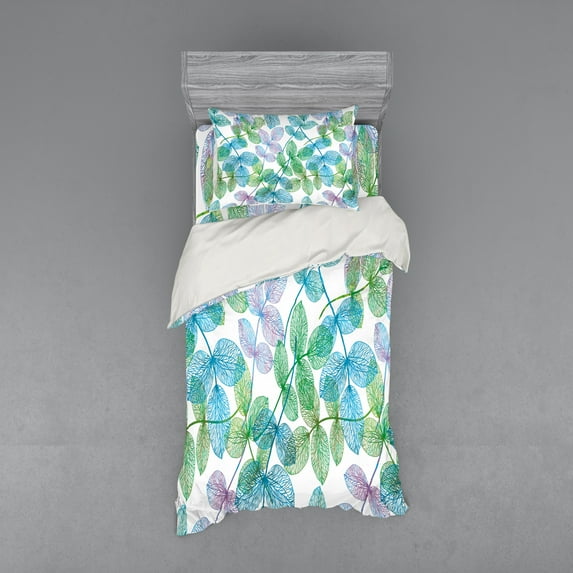 Ambesonne Floral Bedding Set 3 Pcs, Flowers Leaves Ivy Ombre, Twin XL, Fern Green Pale Blue