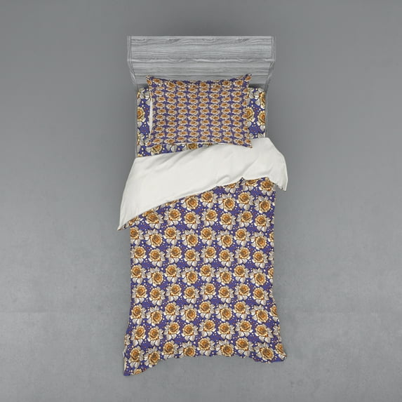Ambesonne Floral Bedding Set 3 Pcs, Flowers Round Spots, Twin XL, Dark Lavender Orange