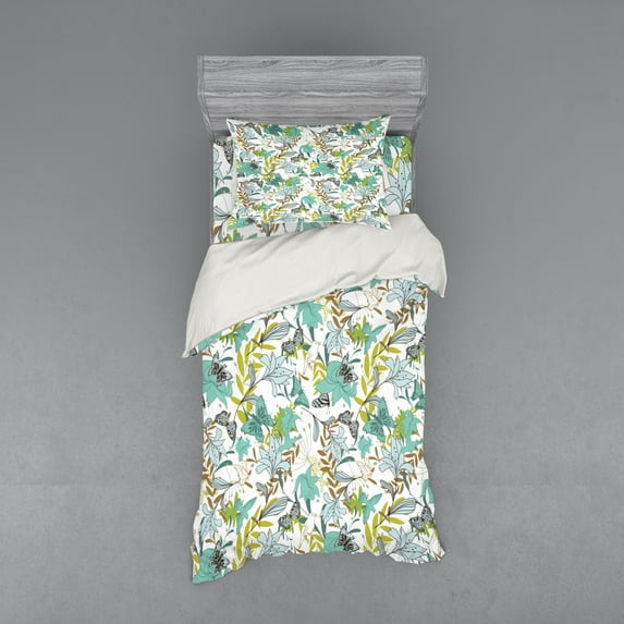 Ambesonne Floral Bedding Set 3 Pcs, Flying Birds Butterflies, Twin XL, Yellow Green Caramel
