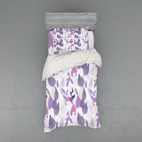 Ambesonne Floral Bedding Set 3 Pcs, Foliage Leaves Purple, Twin, Lavender Lilac Beige