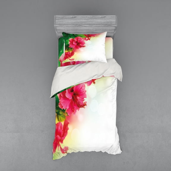 Ambesonne Floral Bedding Set 3 Pcs, Fragrance Blossoms Garden, Twin XL, Hot Pink Fern Green