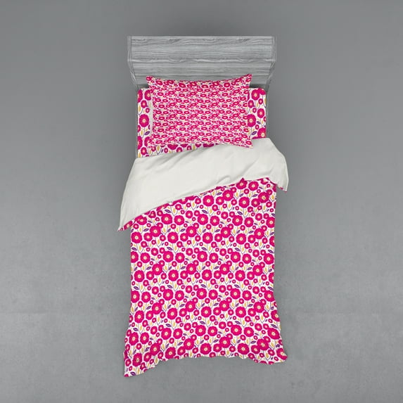 Ambesonne Floral Bedding Set 3 Pcs, Graphical Flower Motifs Dots, Twin, Hot Pink Pale Orange
