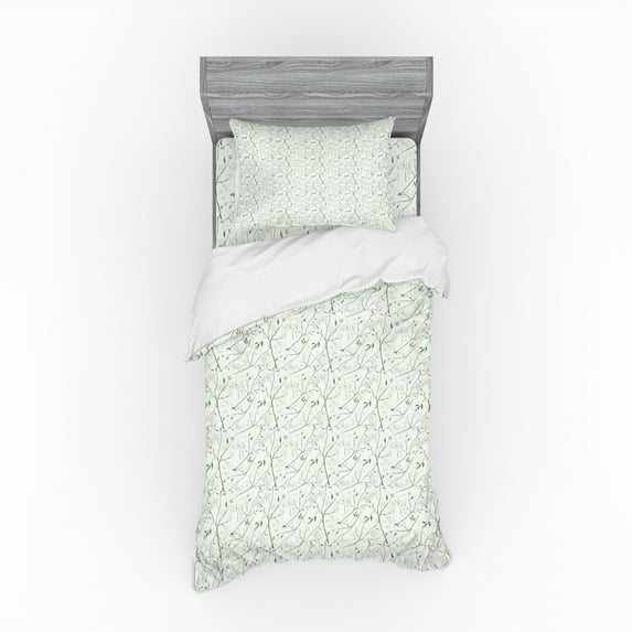 Ambesonne Floral Bedding Set 3 Pcs, Grunge Feminine Blossoms, Twin XL, Mint Green White