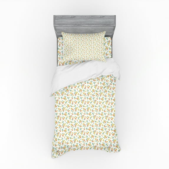 Ambesonne Floral Bedding Set 3 Pcs, Hand Drawn Doodle Daisies, Twin, Peach Seafoam